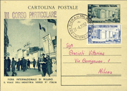 1952-cartolina Postale L.20 XXX Fiera Di Milano Con Affrancatura Aggiunta L. 60  - 1946-60: Marcophilie