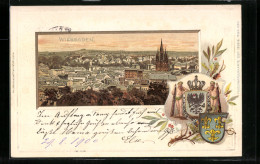 Passepartout-Lithographie Wiesbaden, Teilansicht Mit Kirche, Wappen  - Other & Unclassified
