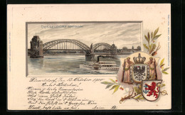 Passepartout-Lithographie Düsseldorf, Blick Zur Rheinbrücke, Dampfer, Wappen  - Autres & Non Classés