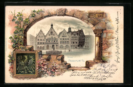 Passepartout-Lithographie Alt-Frankfurt, Ansicht Der Römer, Wappen, Blick Durch Ein Burgfenster  - Autres & Non Classés