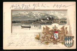 Passepartout-Lithographie Herreninsel /Chiemsee, Panorama Mit Alpen, Wappen  - Other & Unclassified