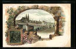 Passepartout-Lithographie Regensburg, Teilansicht Vom Untern Wörth, Wappen Im Rahmen, Blumen  - Other & Unclassified