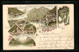 Lithographie Hallstatt, Hotel Seeauer & Kath. Kirche, Hotel Grüner Baum & Prot. Kirche, Ortsansicht, Gosausee  - Autres & Non Classés