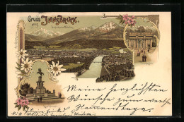 Lithographie Innsbruck, Leopoldsbrunnen, Triumphpforte, Blick Auf Die Stadt  - Other & Unclassified