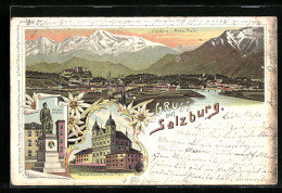 Lithographie Salzburg, Stadtansicht Von Maria Plein, Mozart-Denkmal, Wallfahrtskirche Maria Plain  - Autres & Non Classés