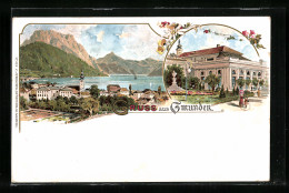 Lithographie Gmunden, Ortsansicht Mit Kirche, Gartenpartie  - Sonstige & Ohne Zuordnung