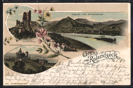 Lithographie Rolandseck, Ruine Drachenfels, Drachenburg, Aussicht Vom Rolandsbogen  - Autres & Non Classés