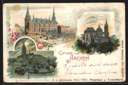 Lithographie Aachen, Rathaus Mit Marktplatz, Dom, Kaiserplatz Bei Nacht  - Aken