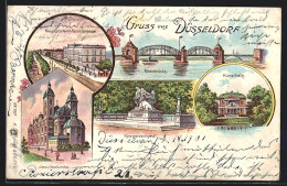 Lithographie Düsseldorf, Jesuitenkirche, Haroldstrasse Mit Hauptpostamt, Rheinbrücke, Kriegerdenkmal Und Kunsthalle  - Duesseldorf
