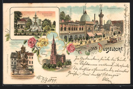 Lithographie Düsseldorf, Arabisches Café, Kaiser-Wilhelm-Denkmal, Johannes-Kirche  - Duesseldorf