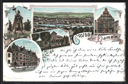 Lithographie Hameln, Hochzeitshaus, Gasthof Felsenkeller, Rattenfängerhaus  - Hameln (Pyrmont)