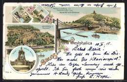 Lithographie Porta Westfalica, Wittekindsberg Mit Kettenbrücke Und Kaiser-Wilhelm-Denkmal, Bahnhof, Bauerntracht  - Porta Westfalica