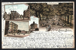 Vorläufer-Lithographie Baden-Baden, 1895, Hotel D`Angleterre & Theater, Leopolds-Platz, Griechische Kapelle  - Baden-Baden