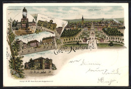 Lithographie Karlsruhe, Ortsansicht, Rathaus, Friedrichsdenkmal, Marktplatz, Festhalle  - Karlsruhe