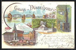 Lithographie Düsseldorf, Johannis-Kirche, Rheinbrücke, Kriegerdenkmal, Marktplatz Mit Rathaus  - Duesseldorf
