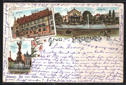 Lithographie Freiburg I. B., Rathaus, Siegesdenkmal, Stadtgarten Mit Teich  - Freiburg I. Br.