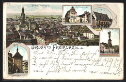 Lithographie Freiburg I. Br., Kaufhaus, Alte Universität, Sieges-Denkmal, Martinstor  - Freiburg I. Br.