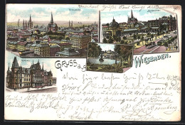 Lithographie Wiesbaden, Rathaus, Kochbrunnen, Teich  - Wiesbaden