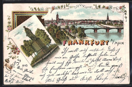 Lithographie Frankfurt A. Main, Schiller-Denkmal, Ortsansicht Mit Brücke  - Frankfurt A. Main