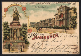 Lithographie Hannover, Krieger Denkmal, Partie Am Schiffsgraben  - Hannover