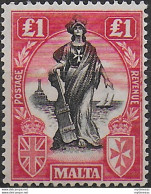 1925 Malta £1 Black And Bright Carmin MNH SG N. 140 - Other & Unclassified