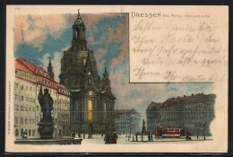 Lithographie Dresden, Neu-Markt Mit Frauenkirche Bei Nacht, Strassenbahn  - Tranvía