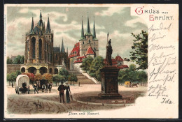 Lithographie Erfurt, Dom Und Severi Mit Leuten  - Erfurt