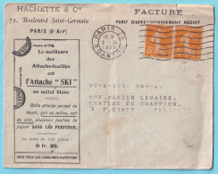 L Facture HACHETTE 79 Bvd St Germain + Pub Attache Feuilles Paire SEMEUSE Obl Paris 25 R.DANTON 2 IX 1922 - 1906-38 Sower - Cameo