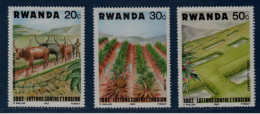 Rwanda, **, Yv 1099, 1100, 1101, Mi 1224, 1225, 1226, Lutte Contre L'érosion, Paillage, Billons, Fossés Cloisonnés, - Landwirtschaft