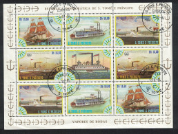 Sao Tome Ships Steamers Sheetlet Of 8v+label 1984 Canc Sc#756 - Sao Tome Et Principe