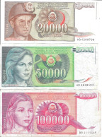 Lot De 3 Billets De Yougoslavie: 20000, 50000, 100000 Dinara - 1987, 1988 Et 1989 - Yugoslavia