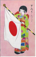 KARATSU - JAPON - T.Belle Carte Fantaisie Couleur D'une Femme ( Tenue Traditionelle , Drapeau ) - Autres & Non Classés