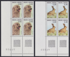 Andorra Fr. Dog Hare 2v Corner Blocks Of 4 Numbers 1988 MNH SG#F413-F414 MI#394-395 Sc#367-368 - Nuovi