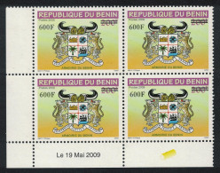 Benin Arms Of Benin Overprint 600F Corner Block Of 4 2009 MNH MI#1638 - Bénin – Dahomey (1960-...)