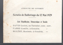 Gondrin (32) Bulletin Scriutin De Ballotage  12 Mai 1929   (PPP47491) - Historische Dokumente