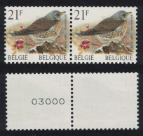 Belgium Fieldfare Bird Buzin 'Grive Litorne' 21f Roll Pair Control Number 1998 MNH SG#3315 MI#2844 Sc#1715 - Nuovi