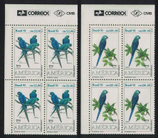 Brazil Birds Endangered Macaws 2v Corner Blocks Of 4 1993 MNH SG#2599-2600 MI#2548-2549 Sc#2423-2424 - Unused Stamps