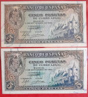 PAREJA CONSECUT ESPAÑA BILLETE 5 PESETAS 1940 SIN CIRCULAR SC / UNC SPAIN BANKNOTE ESPAGNE *COMPRAS MULTIPLES CONSULTAR* - 25 Pesetas