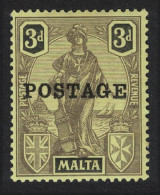 Malta 'POSTAGE' Overprint 3d. - Black On Yellow 1926 MNH SG#149 - Malta (...-1964)