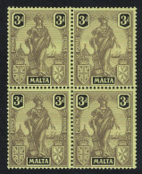 Malta Allegory 3d. - Black On Yellow Block Of 4 1922 MNH SG#131 - Malte (...-1964)