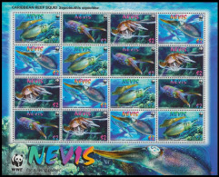Nevis WWF Caribbean Reef Squid Sheetlet Of 4 Sets 2009 MNH SG#2155-2158 MI#2380-2383 Sc#2380-2383 - St.Kitts And Nevis ( 1983-...)