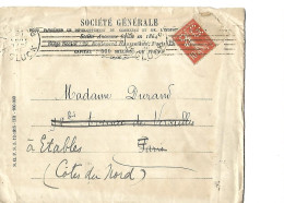 Enveloppe Société Générale 1916 Avec Timbre Semeuse 10 C Perforé - Storia Postale