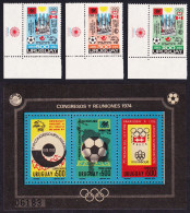 Uruguay Football World Championship Olympic Games 3v Corners +MS 1974 MNH MI#1313-1315+Block 21 Sc#C395-C398 - Uruguay