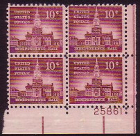 USA Independence Hall 10c Plate Block 1956 MNH SG#1043 MI#665A - Neufs