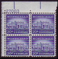 USA Monticello 20c Plate Block 1956 MNH SG#1047 MI#669A - Nuevos