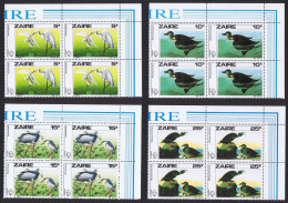 Zaire Birds Audubon 4v T2 Corner Blocks Of 4 1985 MNH SG#1238-1241 MI#906-907 Sc#1195-1198 - Ongebruikt