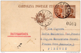 1927  CARTOLINA  RACCOMANDATA CON ANNULLO FIRENZE - Stamped Stationery