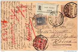 1928 CARTOLINA  RACCOMANDATA CON ANNULLO SAN REMO - Stamped Stationery
