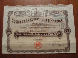 FRANCE - PARIS 1907 - AUTOMOBILES - STE DES AUTOMOBILES BRASIER - PART BENEFICIAIRE - Sonstige & Ohne Zuordnung