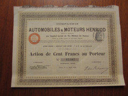FRANCE - PARIS 1898 - AUTOMOBILES - Cie DES AUTOMOBILES & MOTEURS HENRIOD - ACTION DE 100 FRS - PEU COURANT - Altri & Non Classificati